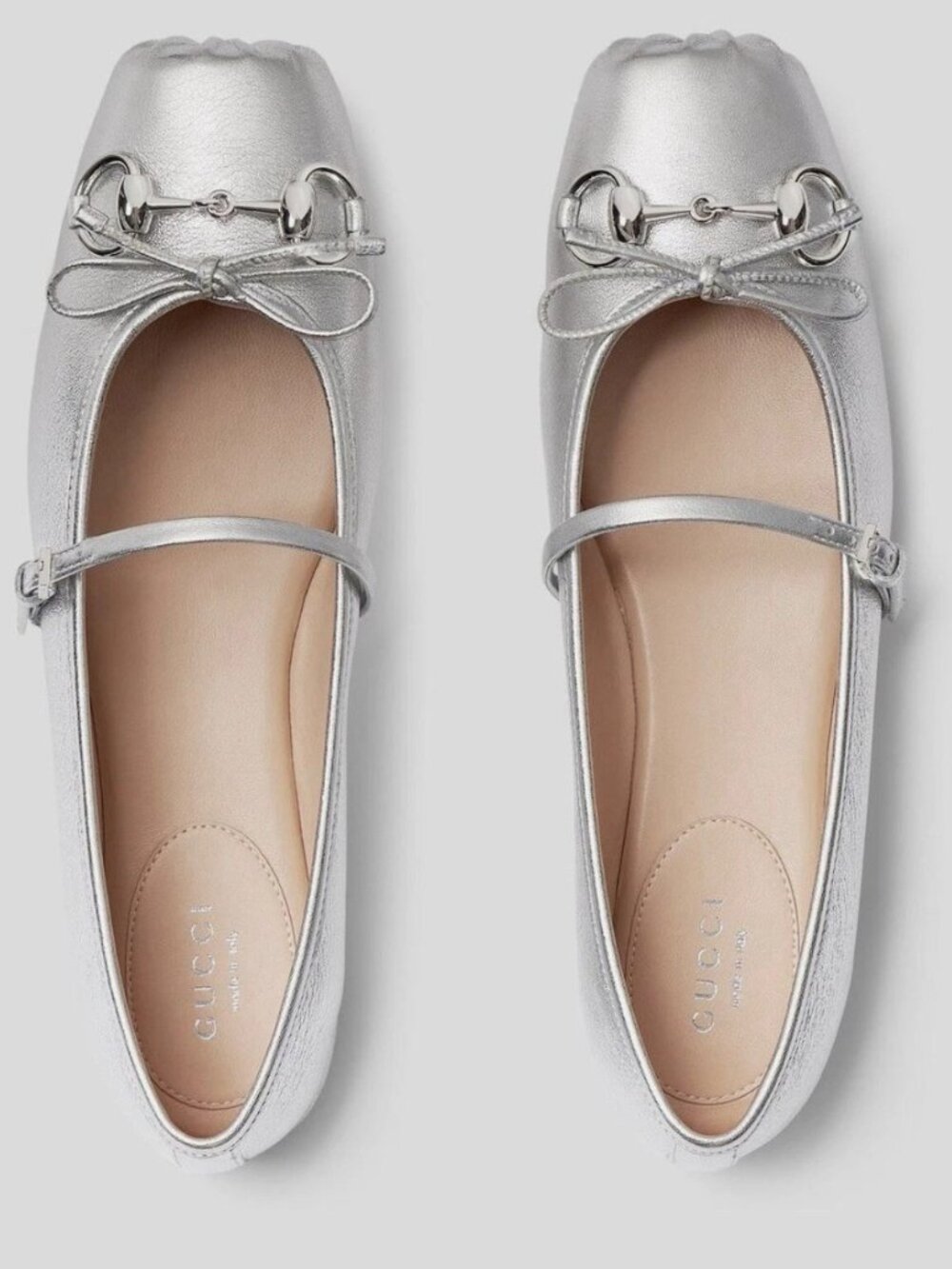 Gucci Leather Silver Horsebit Ballerina Loafers Size 38.5